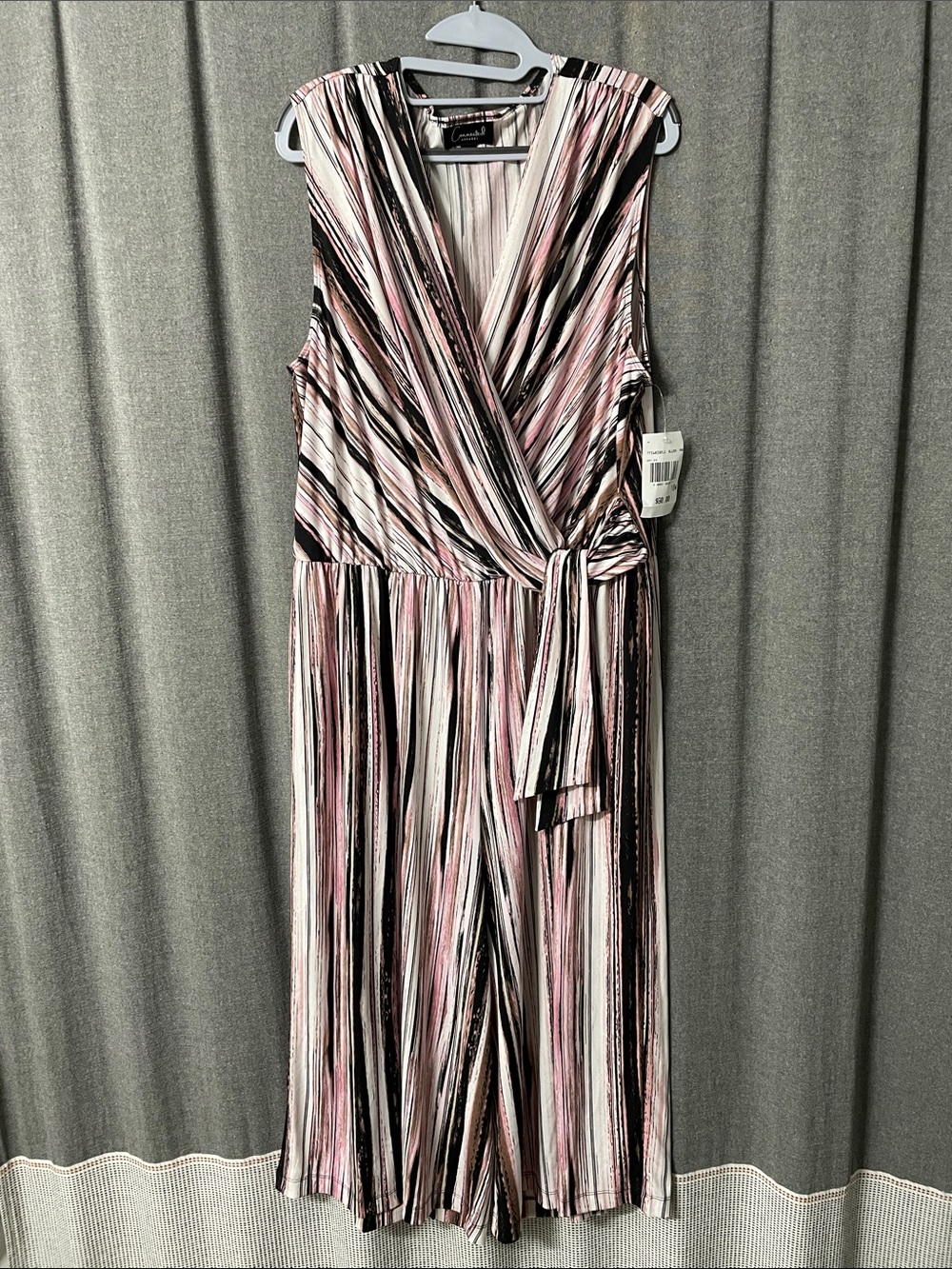connected apparel Pink, Black & White Striped Wrap Jumpsuit